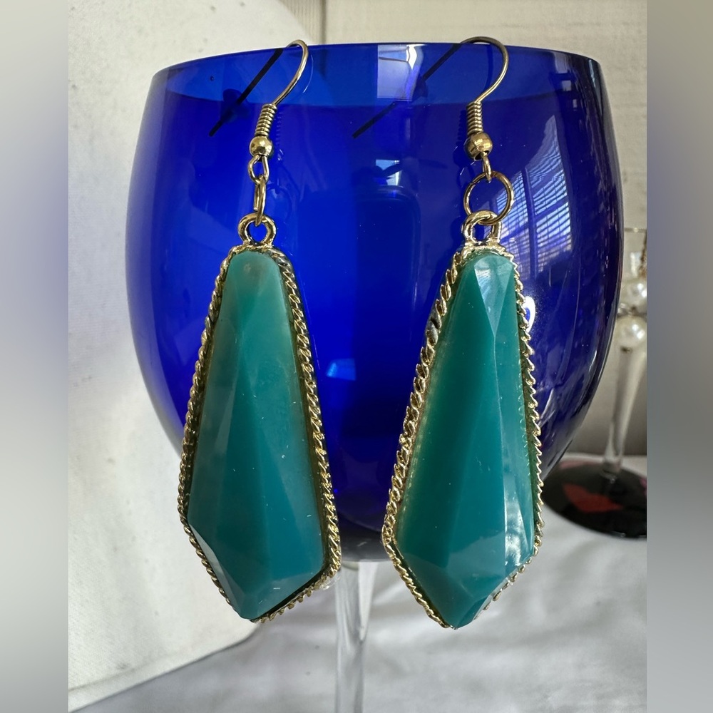 Long style teal green jewel tone dangle earrings